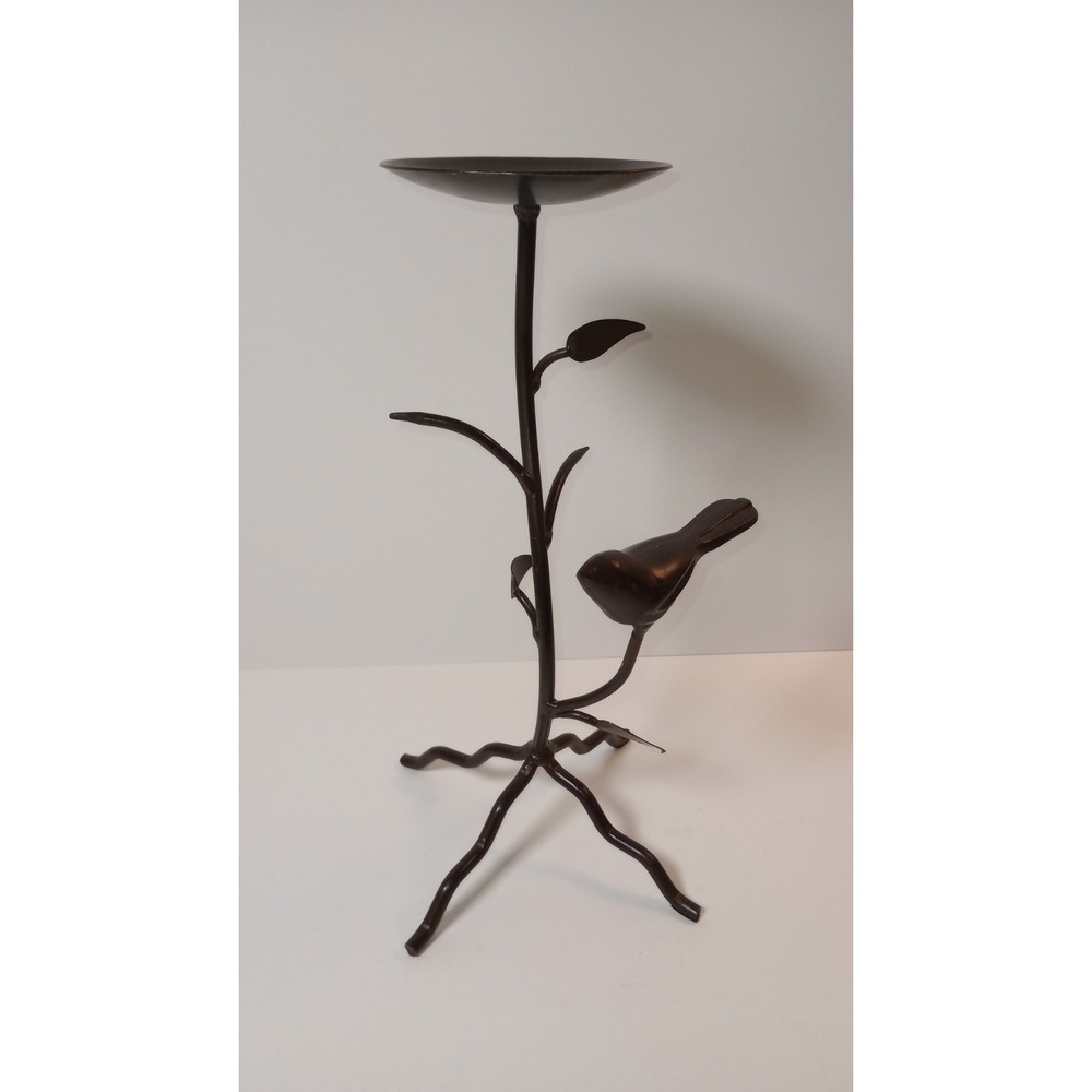 VTG BRONZE PATINA METAL BIRD ON BRANCH PILLAR CANDLE HOLDER FARMHOUSE CHIC *Read